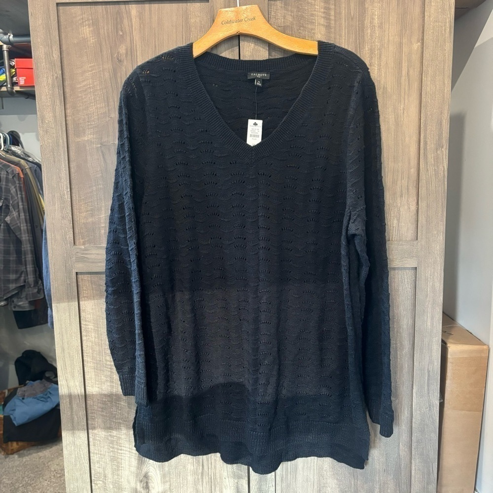 NWT‎ Talbots Plus 1X Sweater Open Knit V Neck Tunic Black